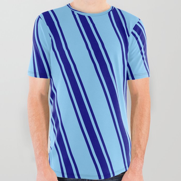 Light Sky Blue & Blue Colored Stripes/Lines Pattern All Over Graphic Tee