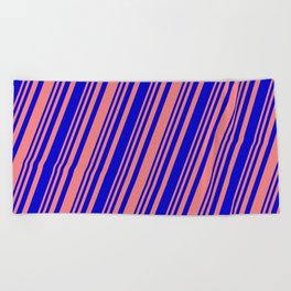 [ Thumbnail: Light Coral & Blue Colored Lines/Stripes Pattern Beach Towel ]