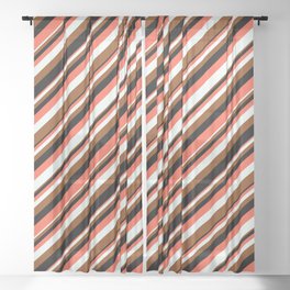 [ Thumbnail: Red, Mint Cream, Brown, and Black Colored Striped/Lined Pattern Sheer Curtain ]