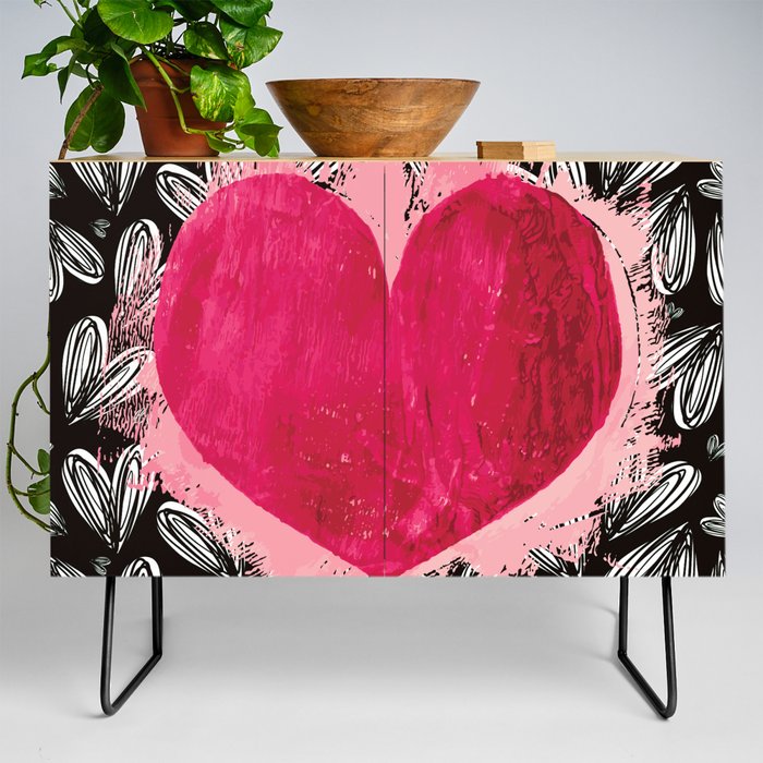 Pink And Red Heart Doodle Valentines Day Anniversary Pattern Credenza