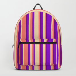 [ Thumbnail: Tan, Dark Violet, Purple, and Salmon Colored Striped Pattern Backpack ]