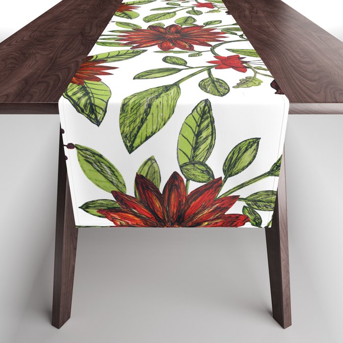 abstract red flowers and green leaves on white background graphic watercolor seamless pattern Table Runner