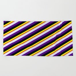 [ Thumbnail: Yellow, Chocolate, Lavender, Indigo, and Black Colored Lined Pattern Beach Towel ]