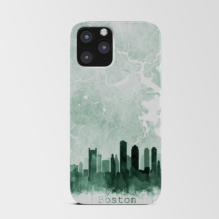 Boston Skyline & Map Watercolor Sage Green, Print by Zouzounio Art iPhone Card Case