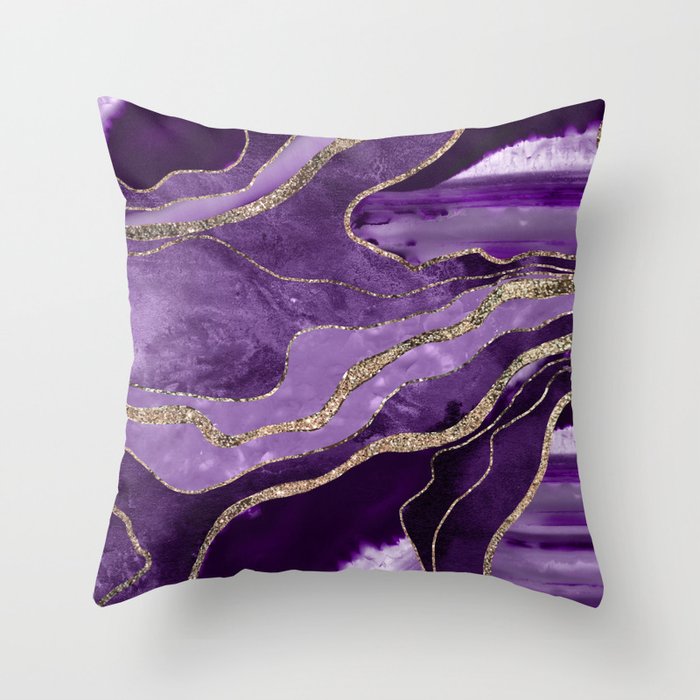 Purple Marble Agate Gold Glitter Glam #1 (Faux Glitter) #decor #art #society6 Throw Pillow