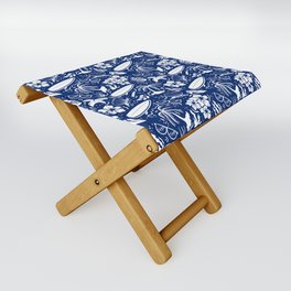 Blue and White Surfing Summer Beach Objects Seamless Pattern Folding Stool