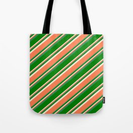 [ Thumbnail: Beige, Coral, Sea Green, and Green Colored Pattern of Stripes Tote Bag ]