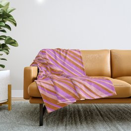[ Thumbnail: Chocolate, Orchid & Light Pink Colored Lined/Striped Pattern Throw Blanket ]