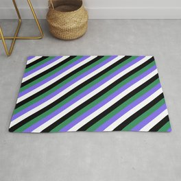 [ Thumbnail: Sea Green, Medium Slate Blue, White & Black Colored Striped/Lined Pattern Rug ]