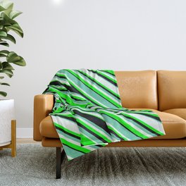 [ Thumbnail: Aquamarine, Mint Cream, Lime, and Black Colored Pattern of Stripes Throw Blanket ]