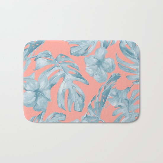 Island Life Pale Teal Blue on Coral Pink Bath Mat