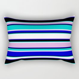 [ Thumbnail: Eye-catching Dark Turquoise, White, Plum, Blue & Black Colored Lined/Striped Pattern Rectangular Pillow ]