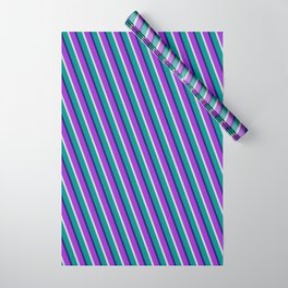 [ Thumbnail: Midnight Blue, Dark Orchid, Light Gray & Dark Cyan Colored Stripes/Lines Pattern Wrapping Paper ]