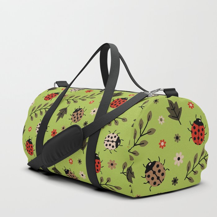 Ladybug and Floral Seamless Pattern on Light Green Background Duffle Bag