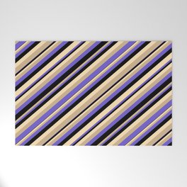 [ Thumbnail: Tan, Slate Blue, Black, and Beige Colored Stripes/Lines Pattern Welcome Mat ]