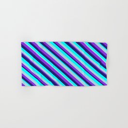 [ Thumbnail: Midnight Blue, Aqua, Light Blue, and Purple Colored Lined/Striped Pattern Hand & Bath Towel ]