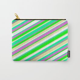 [ Thumbnail: Vibrant Green, Orchid, Lime, Pale Goldenrod, and White Colored Pattern of Stripes Carry-All Pouch ]