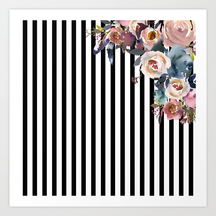 Boho Flowers and Stripes Art Print