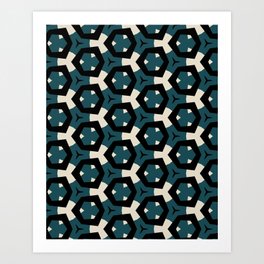 Modern, abstract, geometric pattern with hexagon shapes in deep sea green, bone, tan and black Art Print