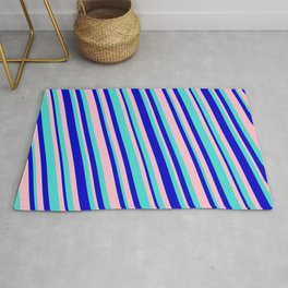 [ Thumbnail: Turquoise, Blue, and Pink Colored Lined/Striped Pattern Rug ]