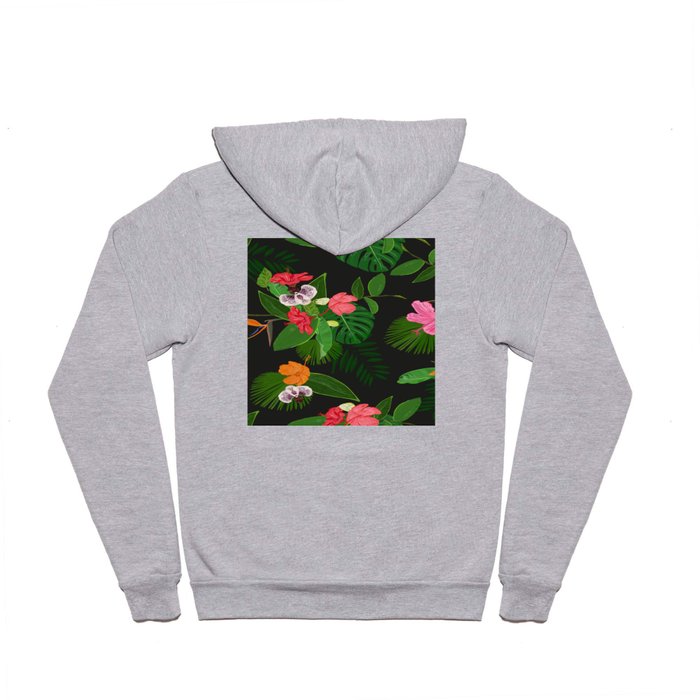 Red, orange, pink hibiscus and heaven bird flowers and tropical leaves pattern black background Hoody