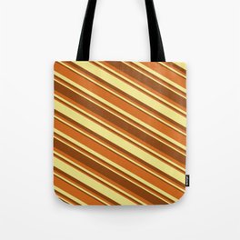 [ Thumbnail: Brown, Chocolate & Tan Colored Stripes/Lines Pattern Tote Bag ]