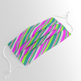 [ Thumbnail: Light Grey, Fuchsia, Green, and Dark Cyan Colored Lines/Stripes Pattern Face Mask ]