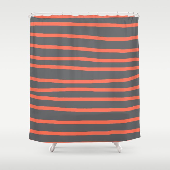 Simply Drawn Stripes Deep Coral on Storm Gray Shower Curtain