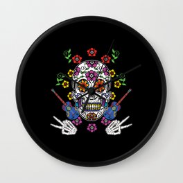 Floral Guitar Sugar Skull Muertos Day Of Dead Wall Clock