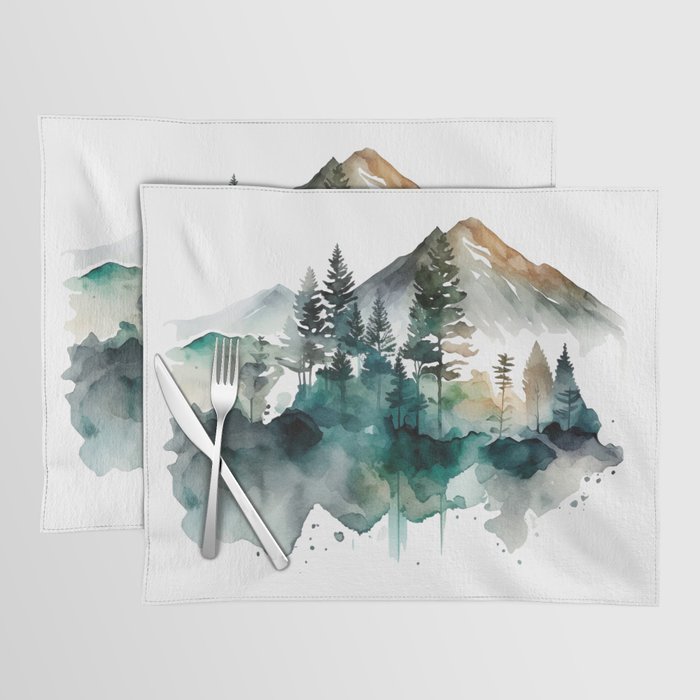 Forest Trees Mountains Nature Watercolor Placemat