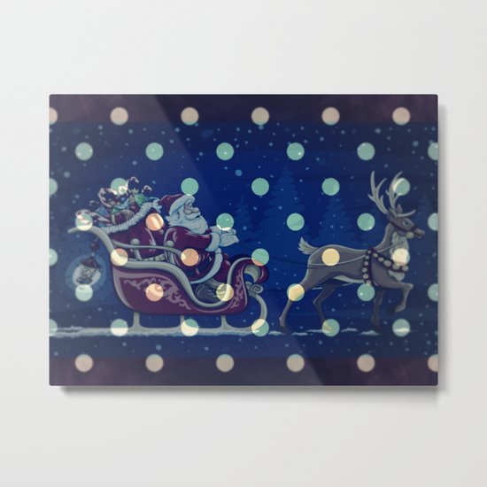 Santa Claus riding his sleigh on a snowy blue Christmas Eve Metal Print
