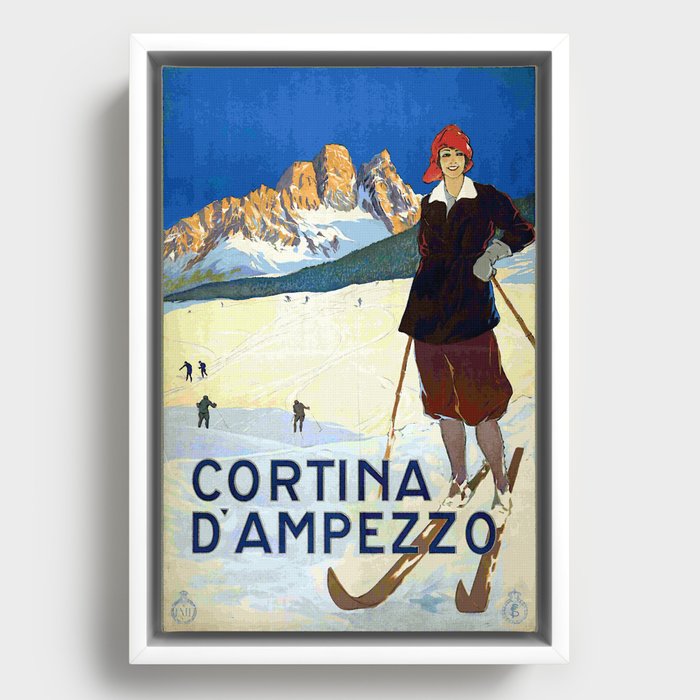 Girl Skiing on the Alps in Cortina d'Ampezzo - Vintage Travel Poster Framed Canvas