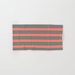 [ Thumbnail: Salmon and Teal Colored Striped/Lined Pattern Hand & Bath Towel ]
