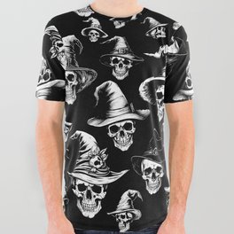 Witch Skulls Vintage Horror Full Moon Forest Black White All Over Graphic Tee