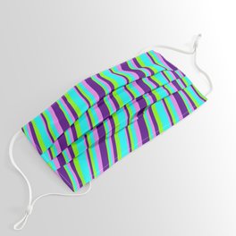 [ Thumbnail: Chartreuse, Aqua, Violet, and Indigo Colored Striped/Lined Pattern Face Mask ]
