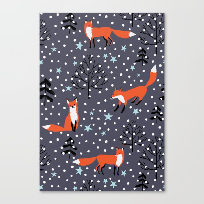 Red foxes in the nignt winter forest Canvas Print