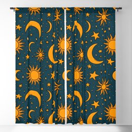 Vintage Sun and Star Print in Navy Blackout Curtain
