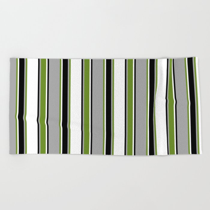 Dark Gray, Green, White & Black Colored Lines/Stripes Pattern Beach Towel
