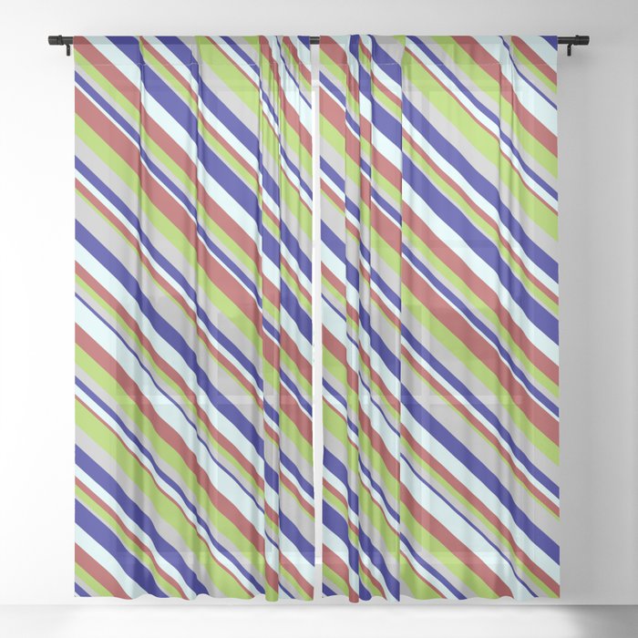 Blue, Light Cyan, Brown, Green, and Grey Colored Striped Pattern Sheer Curtain