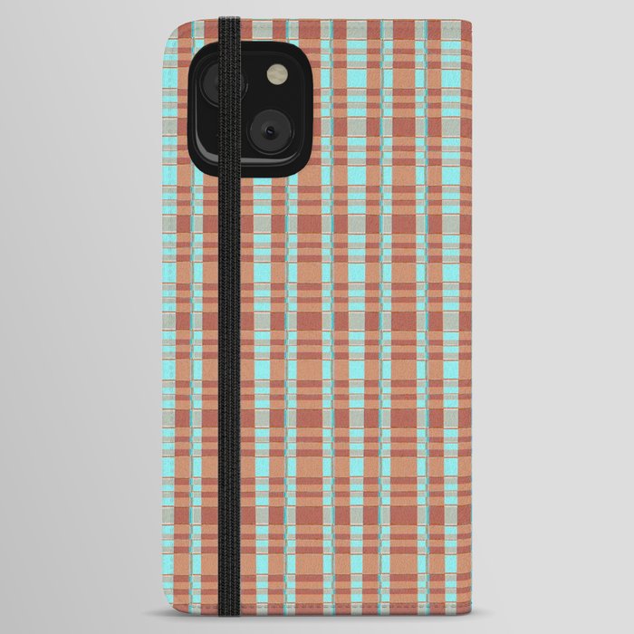 70s Turquoise Blue And Orange Grid Pattern iPhone Wallet Case