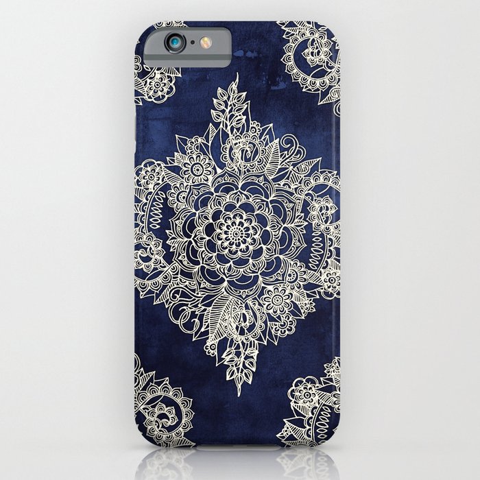 cream floral moroccan pattern on deep indigo ink iphone case