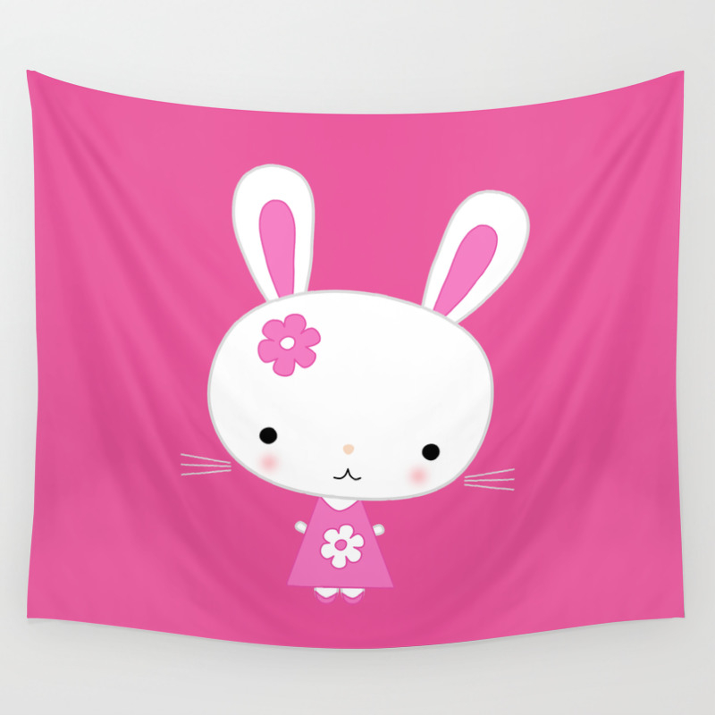Cute Pink Kawaii Bunny On Pink Background Wall Tapestry By