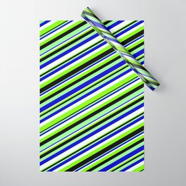 [ Thumbnail: Eyecatching Green, Blue, Mint Cream, Chartreuse, and Black Colored Lined/Striped Pattern Wrapping Paper ]