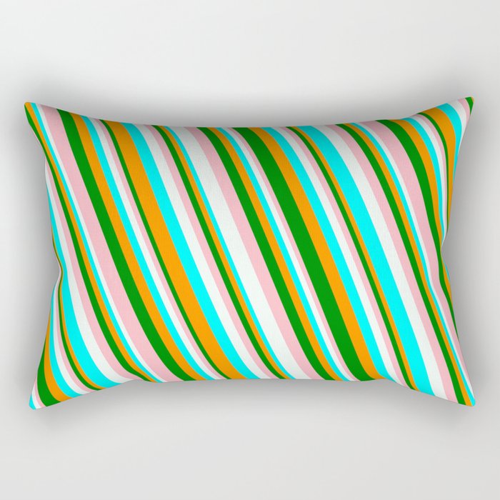 Vibrant Dark Orange, Green, Light Pink, Mint Cream, and Aqua Colored Striped/Lined Pattern Rectangular Pillow