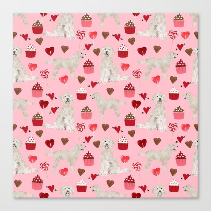 Golden Doodle dog breed valentines day art pattern dog gifts for dog lovers hearts and cupcakes Canvas Print