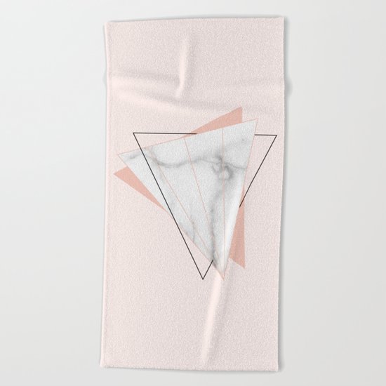 White Marble Geometric Triangle Shapes Salmon Pink Beach Towel