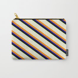 [ Thumbnail: Vibrant Beige, Dark Orange, Blue, Black & Green Colored Stripes Pattern Carry-All Pouch ]