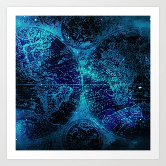 Antique World Star Map in Space Navy Blue Art Print