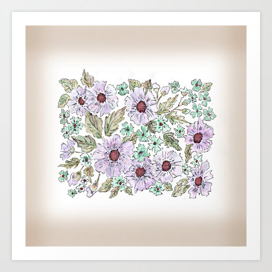 Colorful floral pattern . Beige background . Art Print