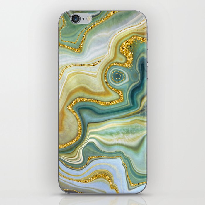 Verdant Green + Gold Abstract Geode Ripples iPhone Skin